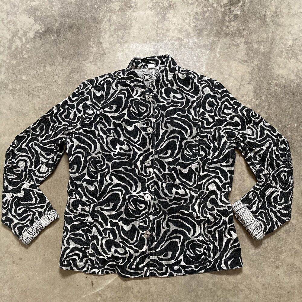 Chicos 1 M 8 Jacket Womens Black White Reversible Button Up‎ Pockets Abstract